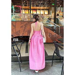 Đầm Dự Tiệc Chất Lụa Cổ Yếm Nơ Hoa Ngực Không Tay Xẻ Eo Và Lưng Dáng Váy Dài Maxi-189 STORE-V108
