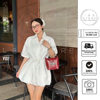 Jupmpsuit Sơ Mi Trắng Bồng (Có Quần Bảo Hộ), Đầm Sơ Mi Kiểu Nữa Bo Chun Eo Có Dây - 189 STORE-V107 giá sỉ