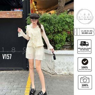 Set váy thiết kế tiểu thư chất voan tơ gãy mềm mịn cổ V tay dài phối bèo sóng chân xòe-189STORE-V157