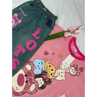 Set bộ thun cotton in hình phối jean baggy cổ tròn hoạt hình dễ thương cho các nàng -189STORE - V234