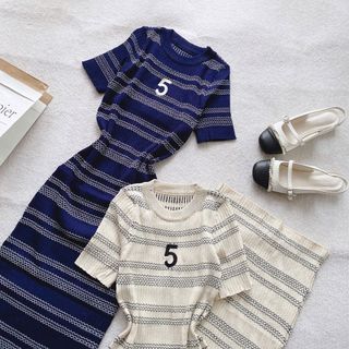 [SHOPPUMI] Đầm body len dệt kim sọc số 5 cổ tròn tay ngắn freesize Pumi 16264