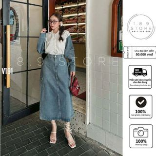 Set váy jean sơ my tay dài kiểu dáng sang chảnh cho các nàng đi cf, đi chơi nàng thơ -189 STORE-V191