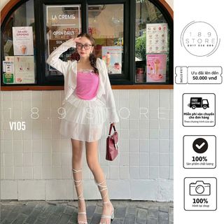 Set Áo Cup Ngực Đính Nơ Ren Phối Chân Váy Tầng Kèm Áo Khoác Ngoài Free Size 55Kg -189 STORE - V105