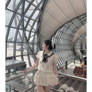 [SHOPPUMI Đầm trắng cổ sơ mi rút dây eo lai phồng kèm choàng sọc freesize Pumi 16263