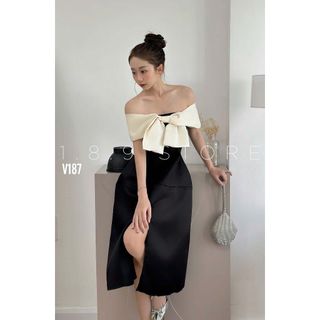 Đầm váy nữ trễ vai mix dáng váy xòe dài, xẻ tà phối nơ với tone màu sáng chảnh đi cafe-189STORE-V187