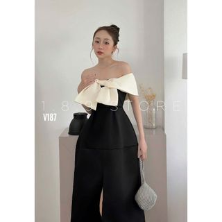 Đầm váy nữ trễ vai mix dáng váy xòe dài, xẻ tà phối nơ với tone màu sáng chảnh đi cafe-189STORE-V187