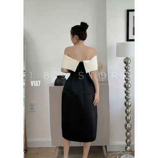Đầm váy nữ trễ vai mix dáng váy xòe dài, xẻ tà phối nơ với tone màu sáng chảnh đi cafe-189STORE-V187