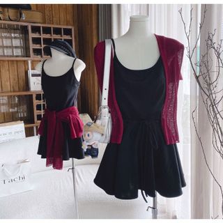 [SHOPPUMI] Set đầm 2s đen rút eo kèm khoác đỏ tay dài SM Pumi 16336