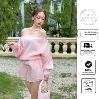 Váy Tiểu Thư Màu Hồng Lệch Vai Sang Chảnh Chất Liệu Organza Vân 2 Lớp Kèm Hoa Cài -189 STORE-V102