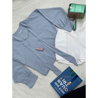 Set bộ đùi kèm thời trang nữ mặc đi chơi áo chất đũi cột vơ tay dài phồng màu xanh mix-189STORE-V151