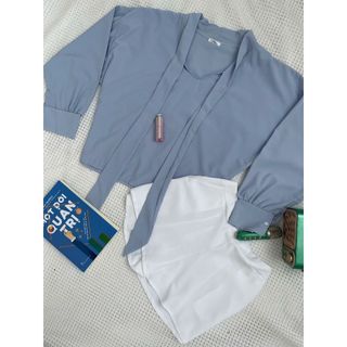Set bộ đùi kèm thời trang nữ mặc đi chơi áo chất đũi cột vơ tay dài phồng màu xanh mix-189STORE-V151