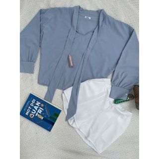 Set bộ đùi kèm thời trang nữ mặc đi chơi áo chất đũi cột vơ tay dài phồng màu xanh mix-189STORE-V151