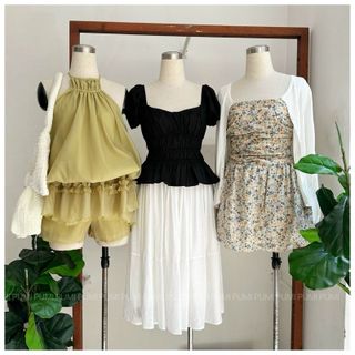 [ SHOPPUMI] Set áo xanh cổ yếm tầng bèo kèm short lưng chun chất voan đũi freesize Pumi 15696