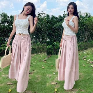 [SHOPPUMI] Set crop trắng 2s bản to đan ngực viền ren có mút ngực kèm chân váy midi hồng lưng thun sau SML Pumi 15911
