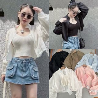 [SHOPPUMI] set áo 2s lên gân kèm khoát crop kéo tay dài có xẻ bo chun nhiều màu freezise Pumi 15690 giá sỉ