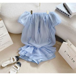 [ SHOPPUMI ]Set áo bẹt vai BBD voan nơ kèm quần short lưng thun freesize Pumi 15676