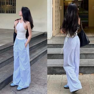 [SHOPPUMI] Set áo trắng mỏng cổ yếm rút dây hông hở lưng cùng quần suông sọc xanh lưng thun freesize Pumi 15893