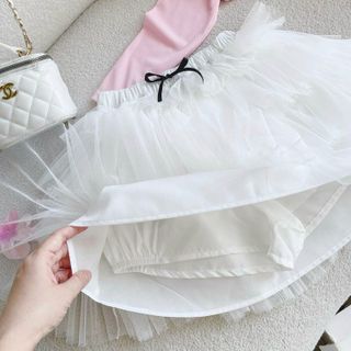 [SHOPPUMI] Set chân váy trắng voan tầng xoè lưng thun kèm áo hồng bẹt vai viền ren tay dài freezie Pumi 16007