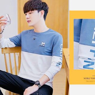 áo tay dài xanh biển phối trắng kem - in tay logo thêu - giá sỉ cạnh tranh