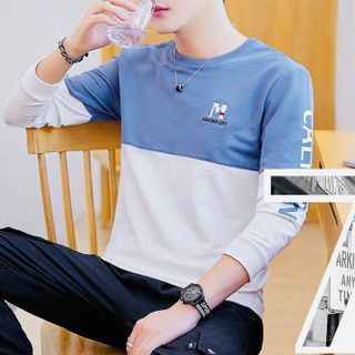 áo tay dài xanh biển phối trắng kem - in tay logo thêu - giá sỉ cạnh tranh