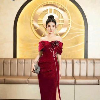 Đầm dạ hội cho nữ trễ vai kèm bông sang trọng hàng cao cấp