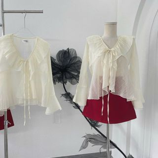 [SHOPPUMI] Set áo voan bèo tay loe thắt nơ ngực kèm chân váy form A màu đỏ khóa kéo freesize Pumi 16300