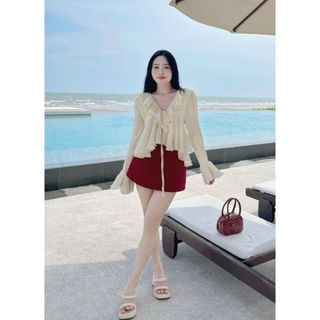 [SHOPPUMI] Set áo voan bèo tay loe thắt nơ ngực kèm chân váy form A màu đỏ khóa kéo freesize Pumi 16300