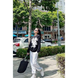 [SHOPPUMI] Set áo sweater nỉ in hình kèm quần thun bo lai xám freesize Pumi 15176