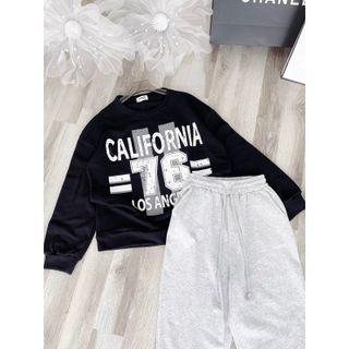 [SHOPPUMI] Set áo sweater nỉ in hình kèm quần thun bo lai xám freesize Pumi 15176