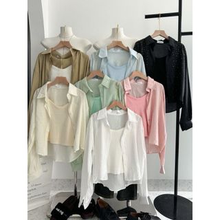 [SHOPPUMI]Set áo crop gồm áo 2s thun len có tăng đưa kèm áo sơ mi khoác ngoài đính đá nhiều màu freesize Pumi 15624