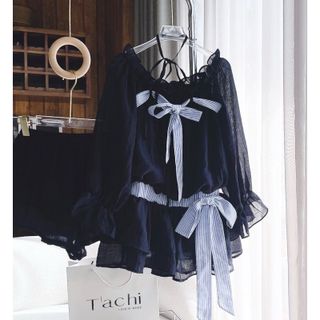 [SHOPPUMI] Set áo voan phối caro nơ tay loe kèm short lưng thun freesize Pumi 16249
