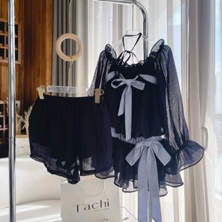 [SHOPPUMI] Set áo voan phối caro nơ tay loe kèm short lưng thun freesize Pumi 16249