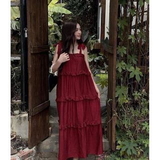 [SHOPPUMI] Đầm maxi đỏ nhún 2s cột nơ vai tầng xoè freesize Pumi 16097