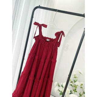 [SHOPPUMI] Đầm maxi đỏ nhún 2s cột nơ vai tầng xoè freesize Pumi 16097
