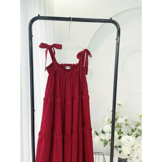 [SHOPPUMI] Đầm maxi đỏ nhún 2s cột nơ vai tầng xoè freesize Pumi 16097
