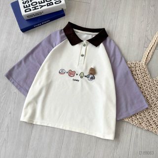 [SHOPPUMI] Áo polo nền trắng cổ phối tay ngắn raglan hình thêu kute freesize Pumi 16147 giá sỉ