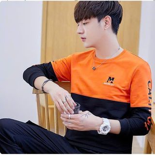 áo tay dài cam phối đen thêu logo tay in - giá sỉ cạnh tranh