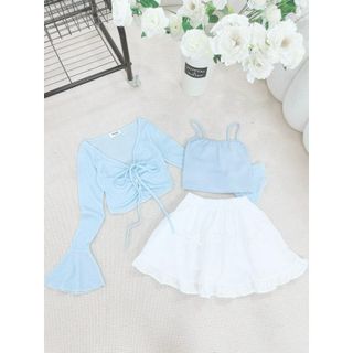 [SHOPPUMI] Set chân váy bèo tầng lưng thun khoác crop xanh tay dài loe cùng áo 2s crop xanh freesize Pumi 16005