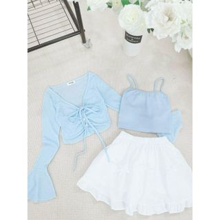 [SHOPPUMI] Set chân váy bèo tầng lưng thun khoác crop xanh tay dài loe cùng áo 2s crop xanh freesize Pumi 16005