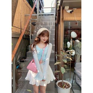 [SHOPPUMI] Set chân váy bèo tầng lưng thun khoác crop xanh tay dài loe cùng áo 2s crop xanh freesize Pumi 16005