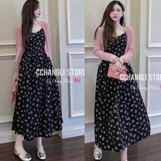 [SHOPPUMI] Set đầm midi xanh đậm nền hoa 2s xoè khoá kéo sau kèm khoác crop hồng SM Pumi 15959