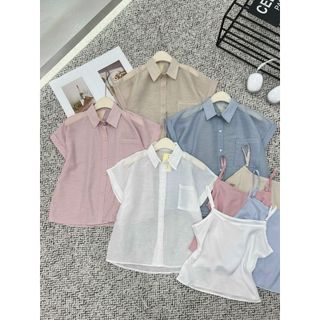 [SHOPPUMI] Set Áo sơ mi tay ngắn phối 2s nhiều màu freesize Pumi 15760