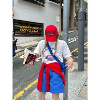 [SHOPPUMI] Set quần xanh lưng thun kèm áo pull trắng in hình có kèm khăn đỏ freesize Pumi 16113