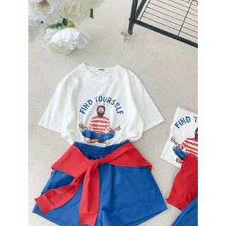 [SHOPPUMI] Set quần xanh lưng thun kèm áo pull trắng in hình có kèm khăn đỏ freesize Pumi 16113