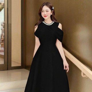 Đầm xoè nữ, đính cườm cổ hở vai sang trọng hàng cao cấp