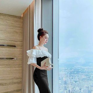 Đầm thiết kế trễ vai 2 dây bèo cao cấp