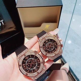 HOT DEAL ĐỒNG HỒ NAM NỮ THỜI TRANG HUB DÂY CAO SU MẶT TRÒN GIẢ CƠ GẮN ĐÁ 12