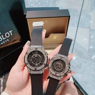 HOT DEAL ĐỒNG HỒ NAM NỮ THỜI TRANG HUB DÂY CAO SU MẶT TRÒN GIẢ CƠ GẮN ĐÁ 12
