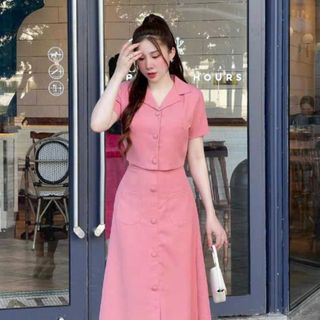 SÉT ÁO KÈM CHÂN VÁY DÀI NÚT BỌC COTON LẠNH