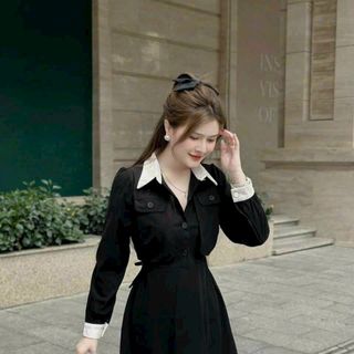 ĐẦM XOÈ CỔ SƠ MI RÚT DÂY EO PHỐI CỔ VÀ TAY